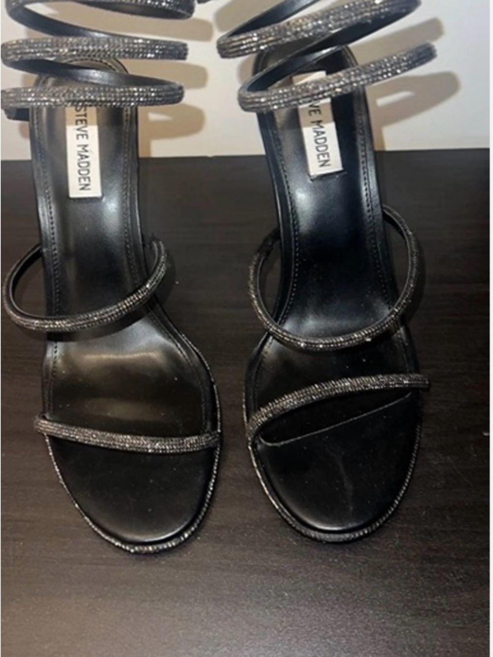 Steve Madden Rhinestone Spiral Heels Black Strappy Stiletto Sandals